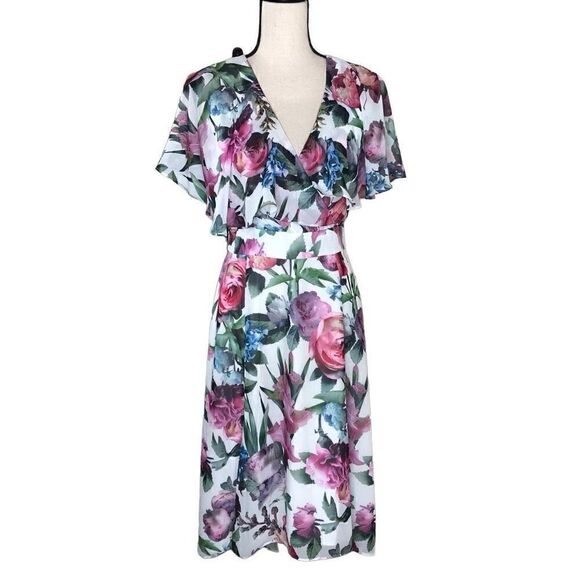 Maggy London Romantic White Floral Flutter Sleeve High Low Midi Dress Size 6 - Picture 2 of 12